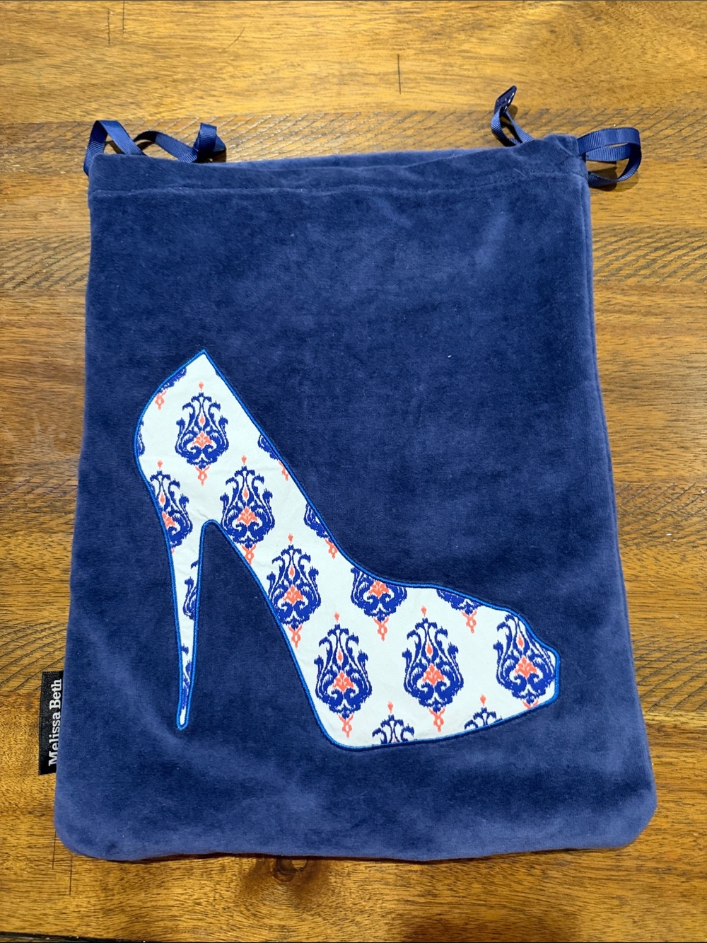 Melissa Navy Velvet Drawstring Cosmetic Bag with White Patterned Shoe Applique